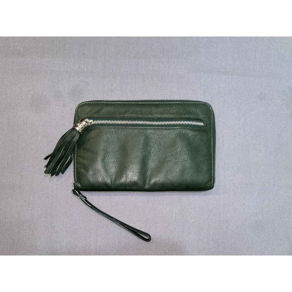 Tano Green Leather Zip Wristlet Clutch Pouch W/ Tassel Italy Made